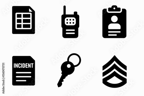 Emergency response icons set with document, radio, clipboard, incident report, key, and sergeant badge