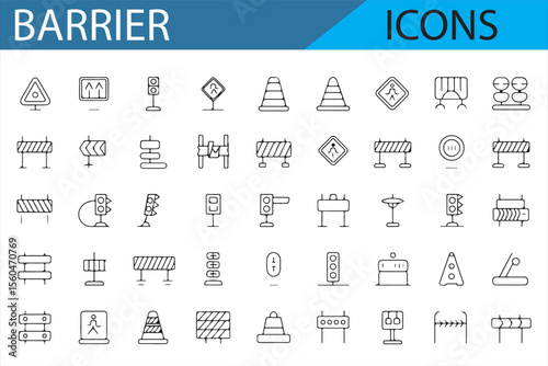 Icons for road safety, including barriers, signs, traffic lights, and construction site symbols in minimal design
