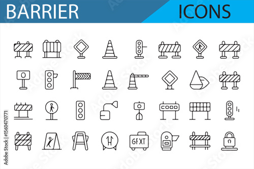 Vector icons for traffic control, including road barriers, warning signs, and traffic lights, perfect for construction sites