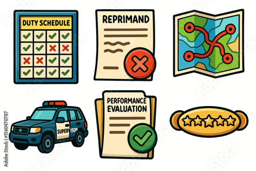 Duty schedule, reprimand, map, police car, performance evaluation, star rating icons