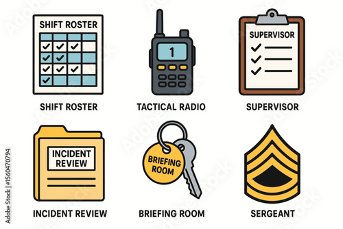 Shift roster, tactical radio, supervisor clipboard, incident review, briefing room key, sergeant chevron icons