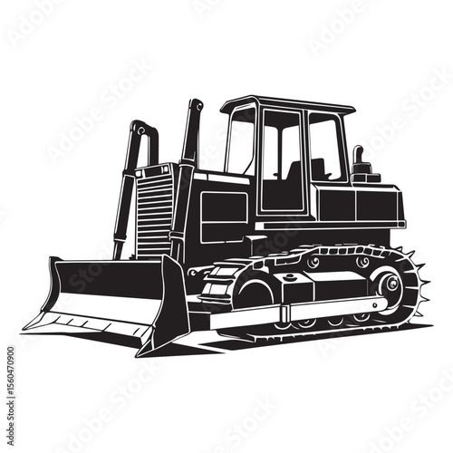 Vector art of a powerful black bulldozer isolated on white background, ready for heavy construction work