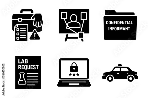 Investigation icons: briefcase, informant, lab request, computer security, police car