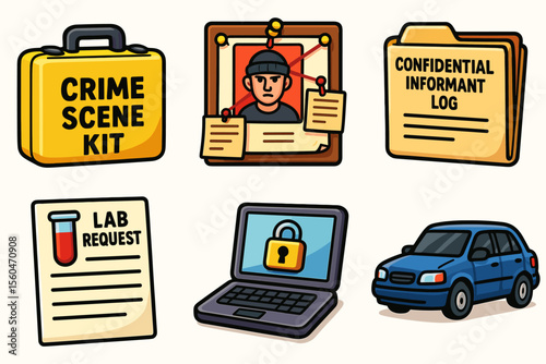 Crime investigation icons: scene kit, suspect, informant log, lab request, laptop, car