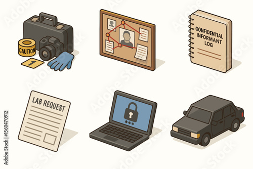 Investigation tools: camera, evidence board, log book, lab request, secure laptop, surveillance car