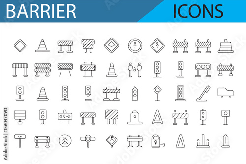 Illustrative icons of road signs, barriers, and construction work symbols for transportation and safety purposes.