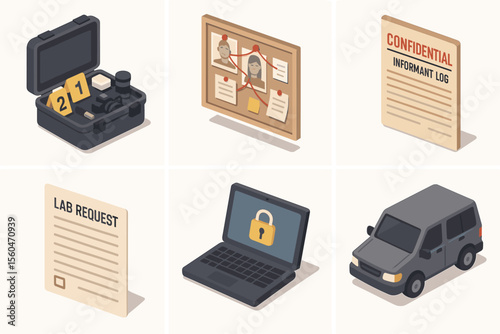 Crime investigation set with evidence, suspect board, and secure laptop