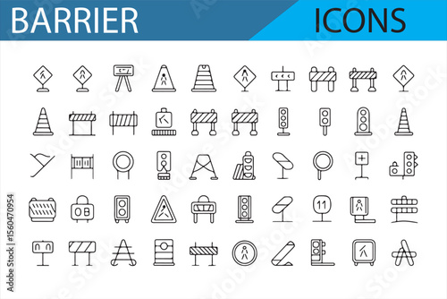 Minimalistic vector icons representing barriers, road safety, traffic signals, and construction signs.
