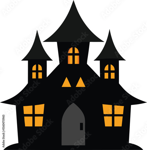 spooky illustration of a haunted chateau against an autumnal moonlit sky with bats and dark trees