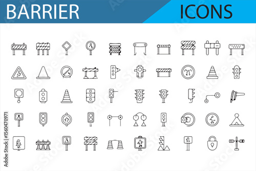 Collection of road barriers and traffic control icons, including stop signs, caution signals, and road work indicators.