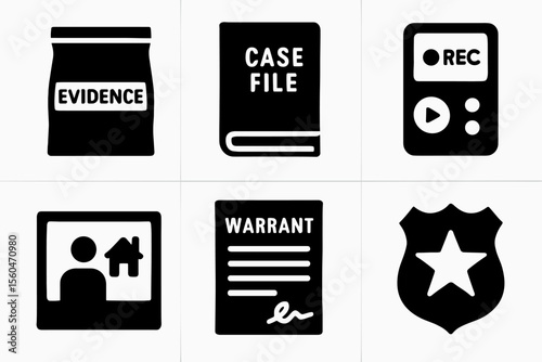 Crime investigation tools icons: evidence bag, case file, recorder, video call, warrant, badge