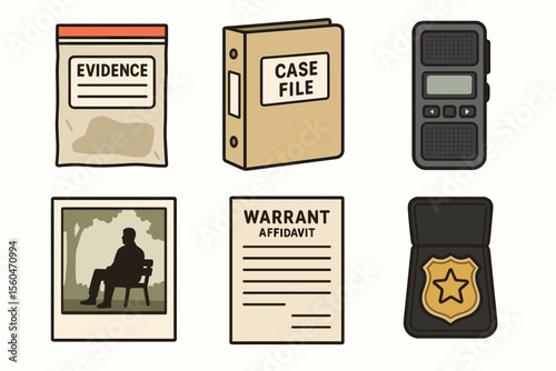 Crime investigation objects - evidence bag, case file, voice recorder, police badge