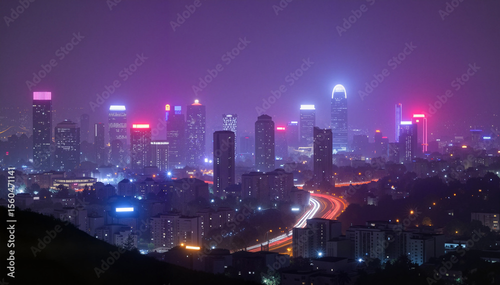 Fototapeta premium Night cityscape with bright lights and highways in urban setting 