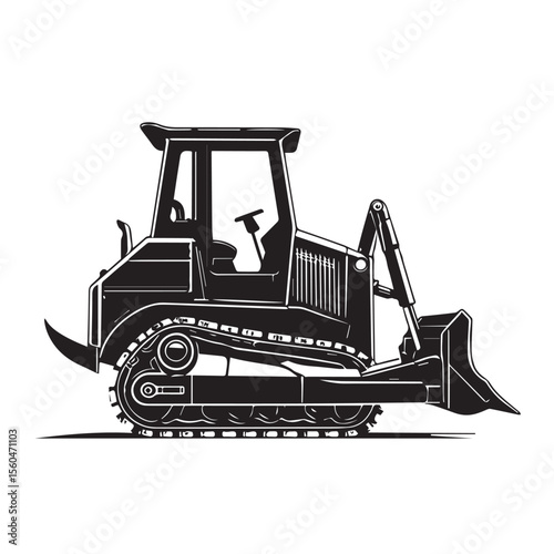 Vector art of side view of a black bulldozer isolated on white background, ready for construction