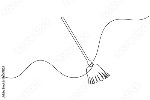 Continuous line drawing of broom cleaner tool minimalist home cleaning equipment outline vector