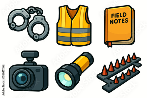 Police equipment icons: handcuffs, vest, notebook, camera, flashlight, spikes