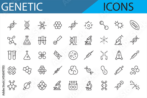 Scientific icons depicting the world of genetics, with DNA, chromosomes, test tubes, and other research equipment.