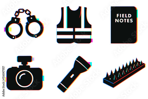 Vector icons: handcuffs, vest, notebook, camera, flashlight, spikes