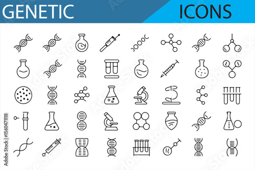 Set of clean vector icons representing genetic science, including helix, chromosomes, lab equipment, and research tools