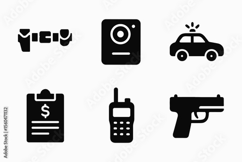 Police symbols: handcuffs, camera, car with siren, clipboard, radio, handgun