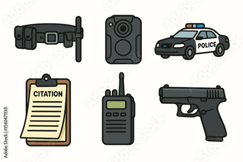 Police equipment icons set: handcuffs, body camera, patrol car, citation, radio, gun