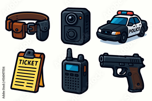 Police equipment icons set: handcuffs, body camera, police car, ticket, radio, gun