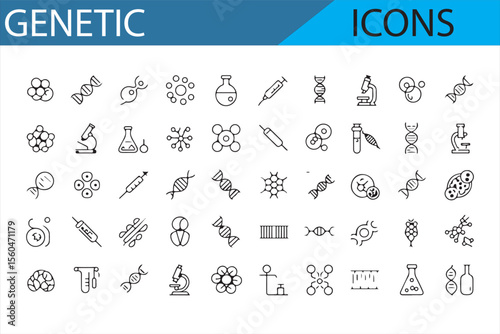 Illustrative icons depicting genetic research and molecular biology, including DNA, chromosomes, and laboratory symbols.