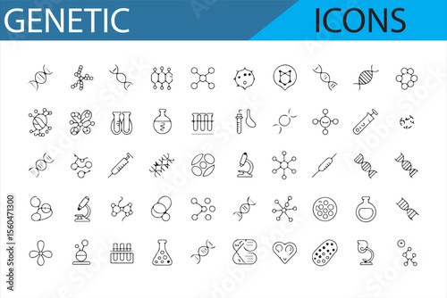 Minimalistic vector icons representing genetics, including DNA, genes, cells, and laboratory equipment for scientific research.