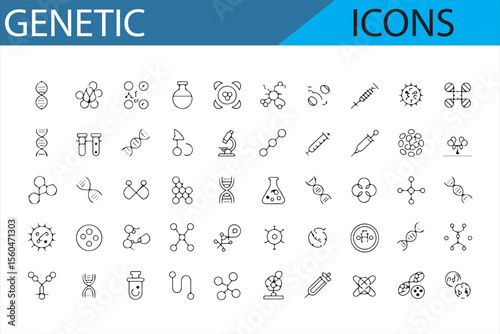 Collection of icons illustrating genetic research, molecular biology, DNA, chromosomes, and laboratory equipment.