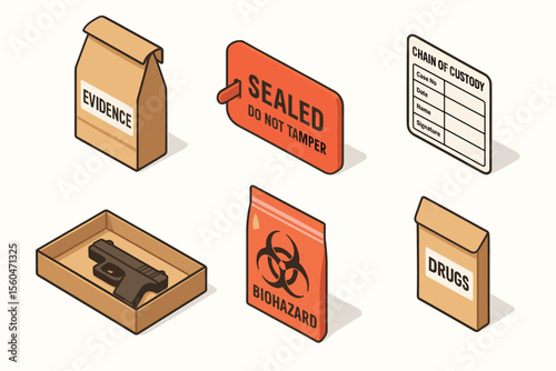 Crime scene evidence tools with sealed bags, biohazard container, gun, drugs, and chain of custody form