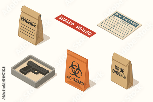 Evidence bags with gun, drug, biohazard icons and sealed label