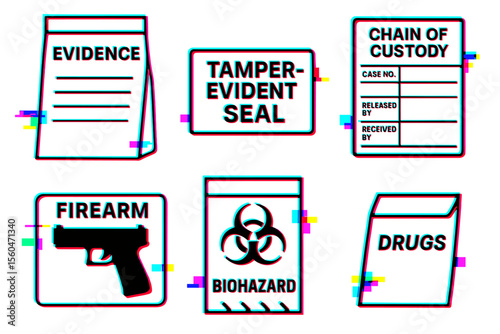 Forensic evidence icons with tamper seal and chain of custody forms