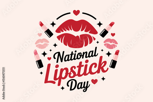 Lipstick day colorful design with kiss lips and makeup accessories for national cosmetic celebration print  