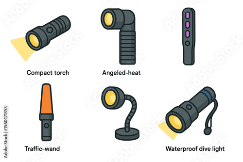 Compact and waterproof torches with traffic wand and dive light illustrations