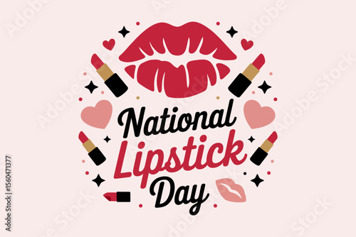 National lipstick day badge with bold lips and hearts for july 29 beauty event or makeup awareness theme  