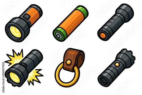 Cartoon flashlight icons with battery and keyring on white background