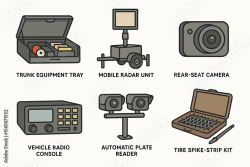 Police equipment illustrations - radar, camera, radio, plate reader, spike kit