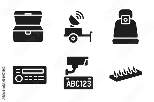 Security icons set: toolbox, satellite, car seat, radio, cctv, tire spikes