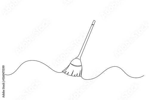 Continuous line drawing of broom cleaner tool minimalist home cleaning equipment outline vector