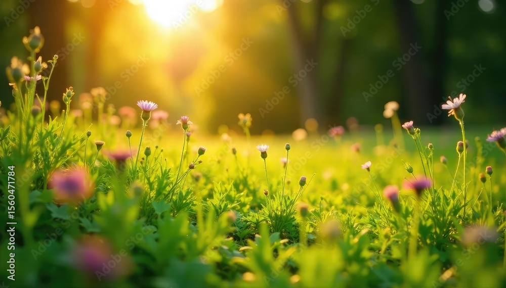 Fototapeta premium Golden hour sunlight bathes vibrant summer foliage, illuminating lush green leaves and wildflowers in a sun-drenched meadow Perfect for summer, nature, and travel themes , foliage, summer