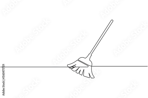 Continuous line drawing of broom cleaner tool minimalist home cleaning equipment outline vector