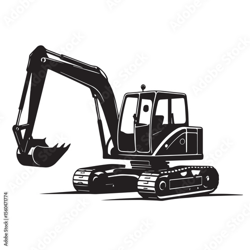 Vector art of a black silhouette of a powerful excavator isolated on white background