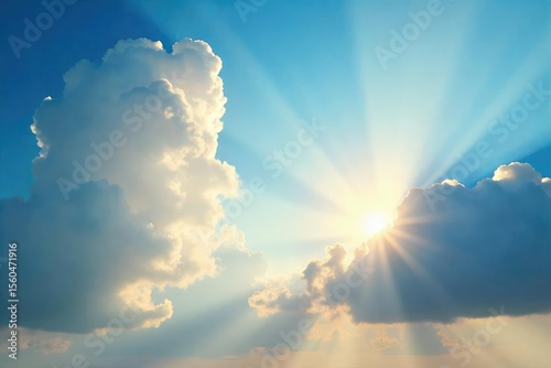 Golden sun rays bursting through gaps in fluffy clouds, illuminating a bright, serene sky Perfect for nature, weather, and summer themes , environment, glow