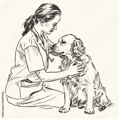 veterinarian women doing a massage to a dog one line drawing