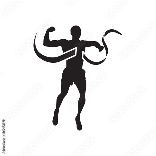 Victorious athlete silhouette, strong pose, celebratory ribbon, black and white, dynamic design.
