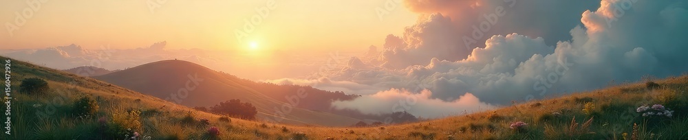 Naklejka premium Golden Light Bathes Ethereal Landscape Rolling Hills, Wispy Clouds, Mystical Realm