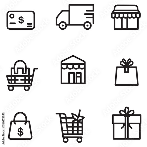 Vector art of a collection of simple line icons illustrating various aspects of online shopping and retail, isolated on white background