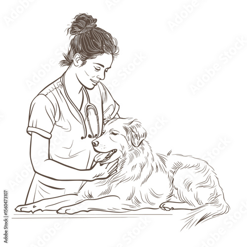 veterinarian women doing a massage to a dog one line drawing