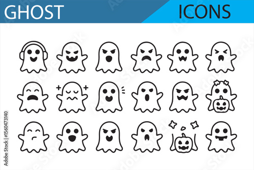 Vector illustrations of ghost characters with multiple facial expressions, ideal for Halloween or spooky-themed projects.