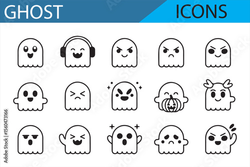 Illustrative ghost icons with a variety of facial expressions, including frightful, surprised, and cute ghosts with bats and pumpkins.